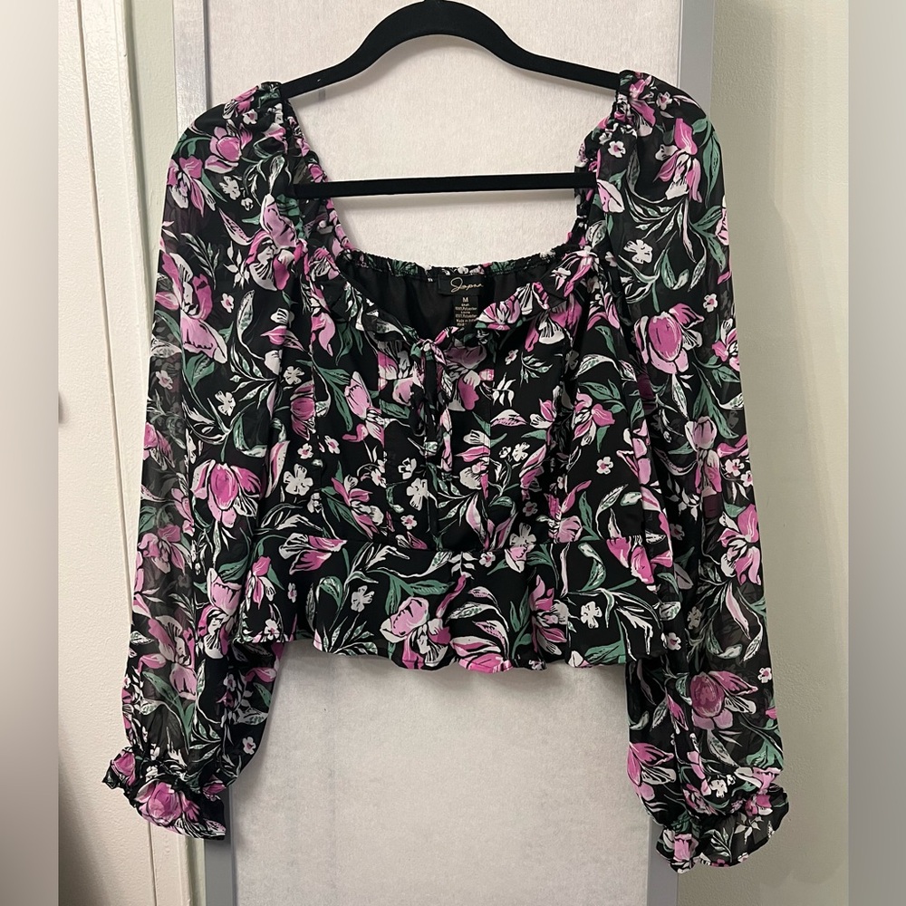 NWT Japna Medium Puffed Sleeve Floral Blouse Peasant Sheer Long Sleeves …